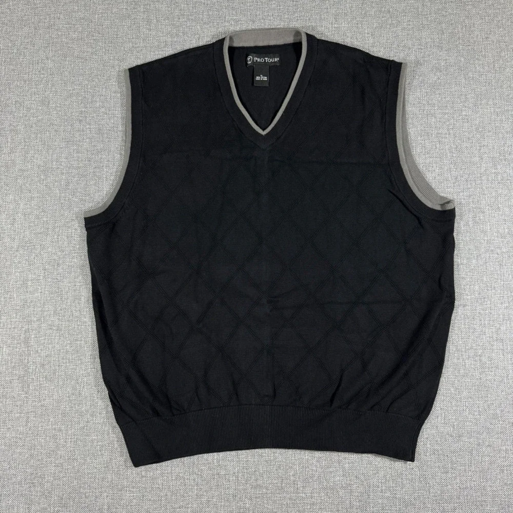 Pro Tour Sweater Vest Mens XL Black Gray Cotton Argyle Golf Preppy Grandpa Core
