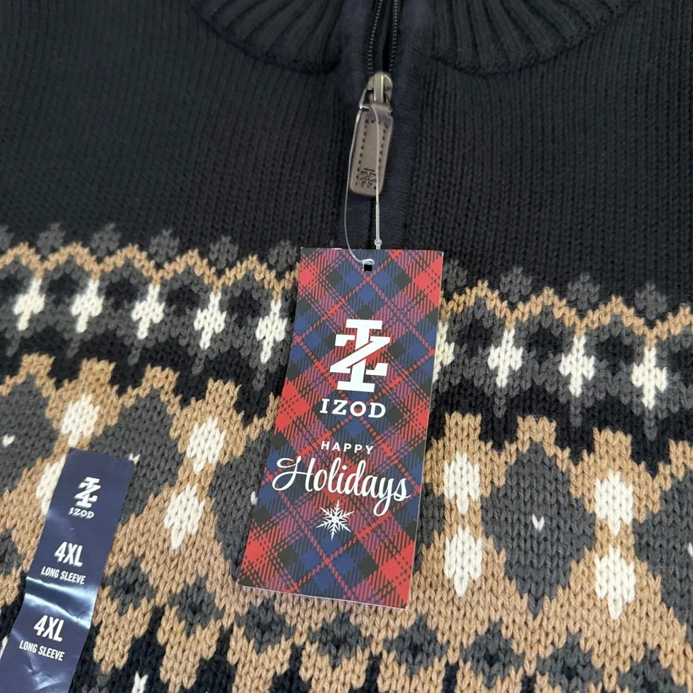 IZOD Fair Isle Quarter Zip Sweater Mens 4XB Big Black Cotton Blend Knit NWT