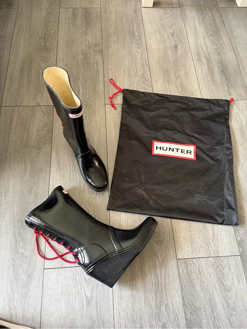 Hunter Black Wedge Rain Boots with Red Lace Detail