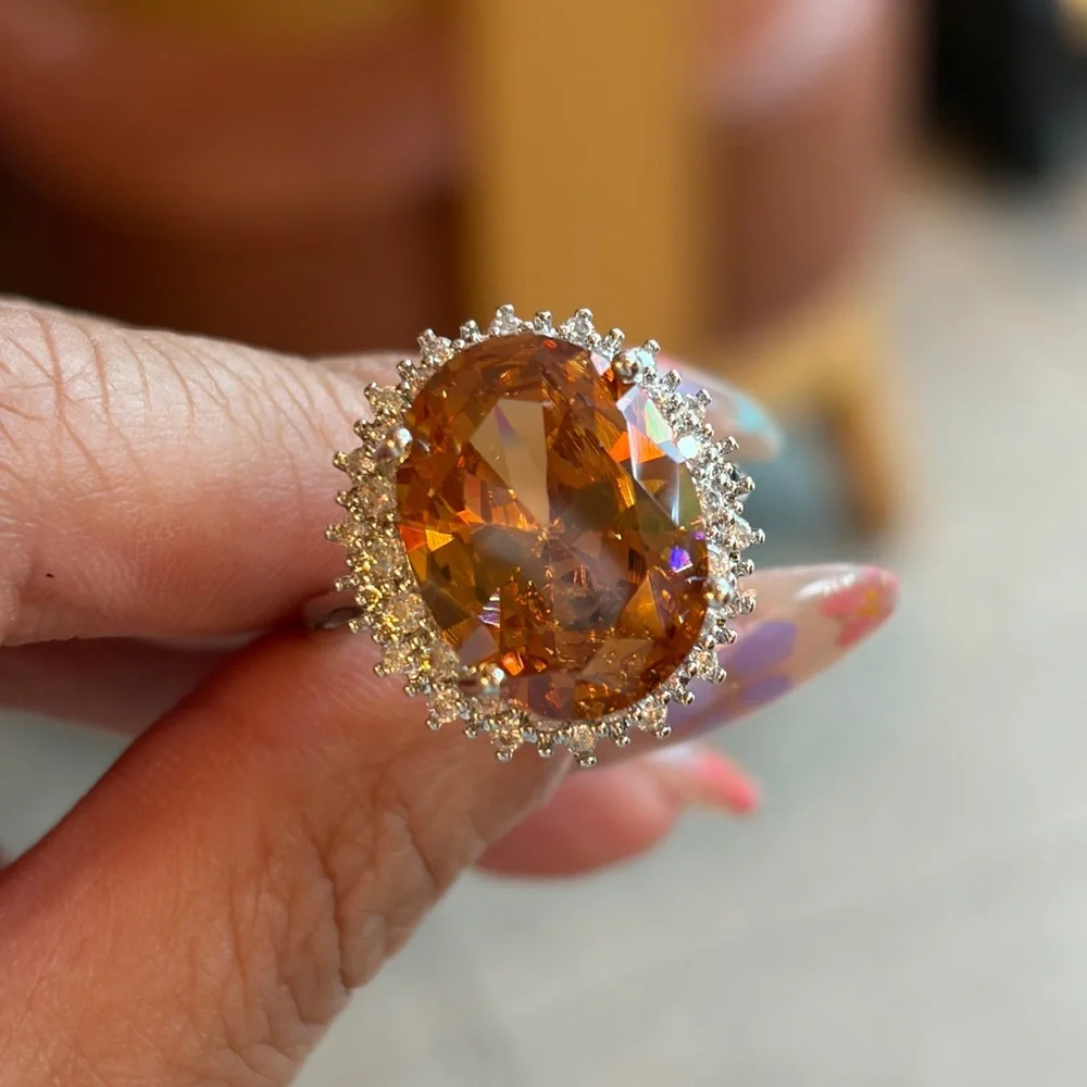 New Oval Orange Halo Ring - Simulated Citrin Cocktail eternal Ring in 7