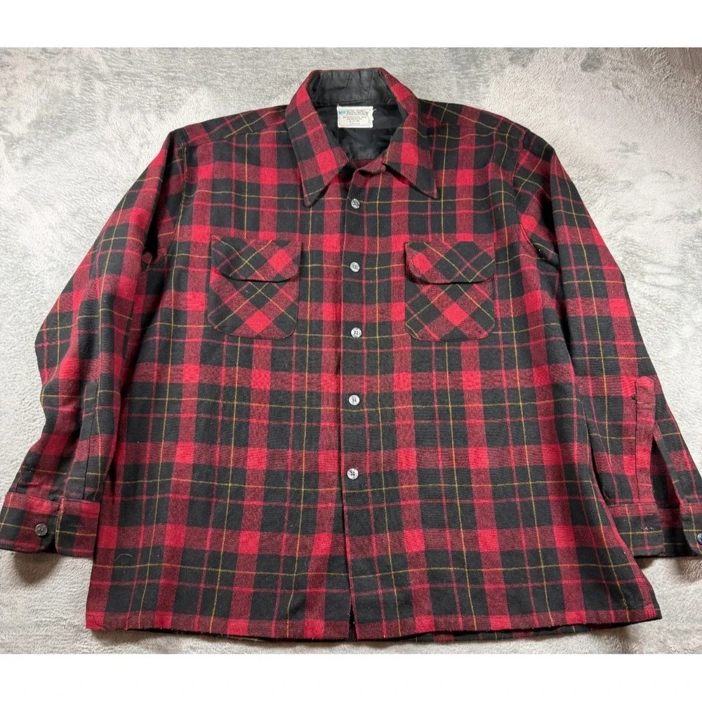 Vtg JC Penney Wool Shirt Jacket Mens XL Red Black Plaid Workwear USA