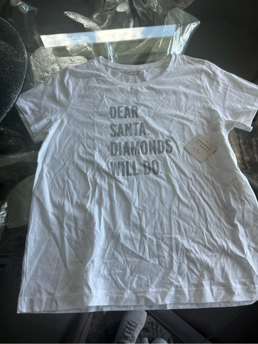 kate spade White Tee with Silver Glitter Graphic