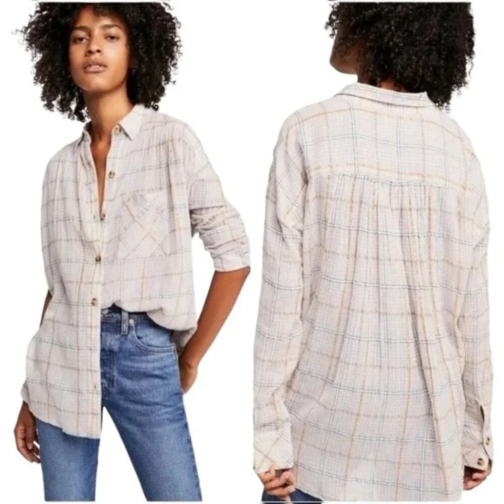 Free People Break My Stripe Pink Oversized Plaid Button Down Top