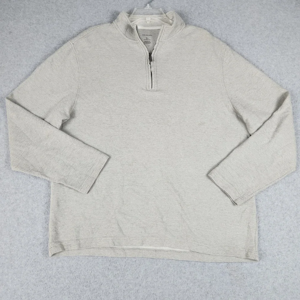 Van Heusen Sweater Mens XL Gray Ribbed Knitted Stretch Quarter Zip Classic Fit
