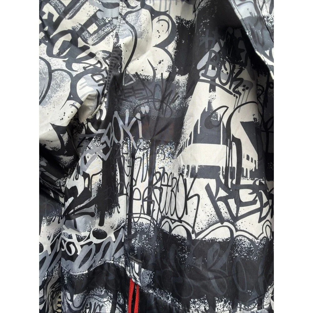 Reebok Kids Jacket Child Size XL 14/16 Black Graffiti Hood Windbreaker Zipper