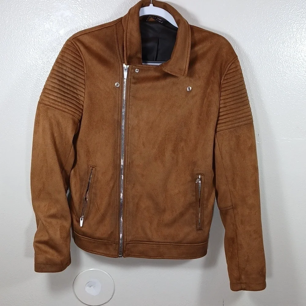 Zara Men's Rust Brown Vegan Suede Moto Biker Jacket size Small