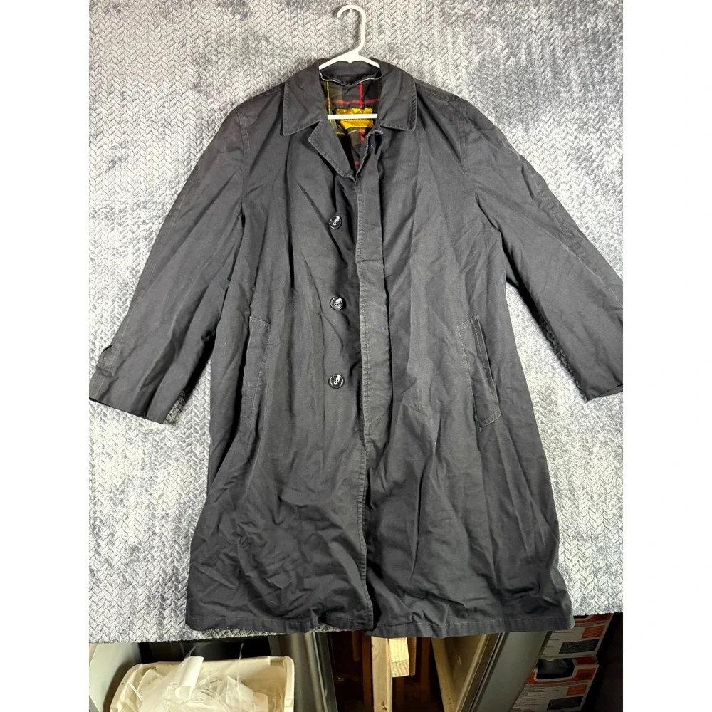 Vintage‎ Plymouth Trench Coat Mens Black Plaid Lined Notch Lapel Single Breasted