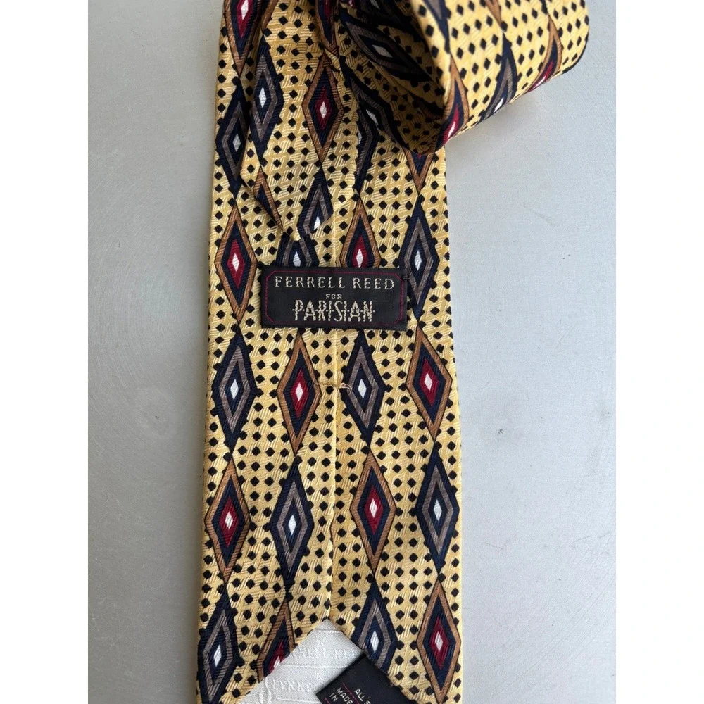 Ferrell Reed Parisian Mens Silk Tie Gold Geometric Diamond Handmade USA