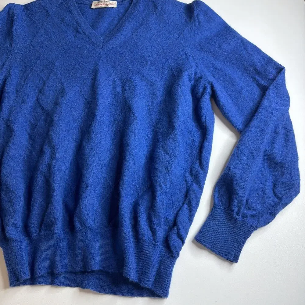 Vintage Gran Sasso V Neck Sweater Royal Blue Mens Small Fine Merino Wool Luxury