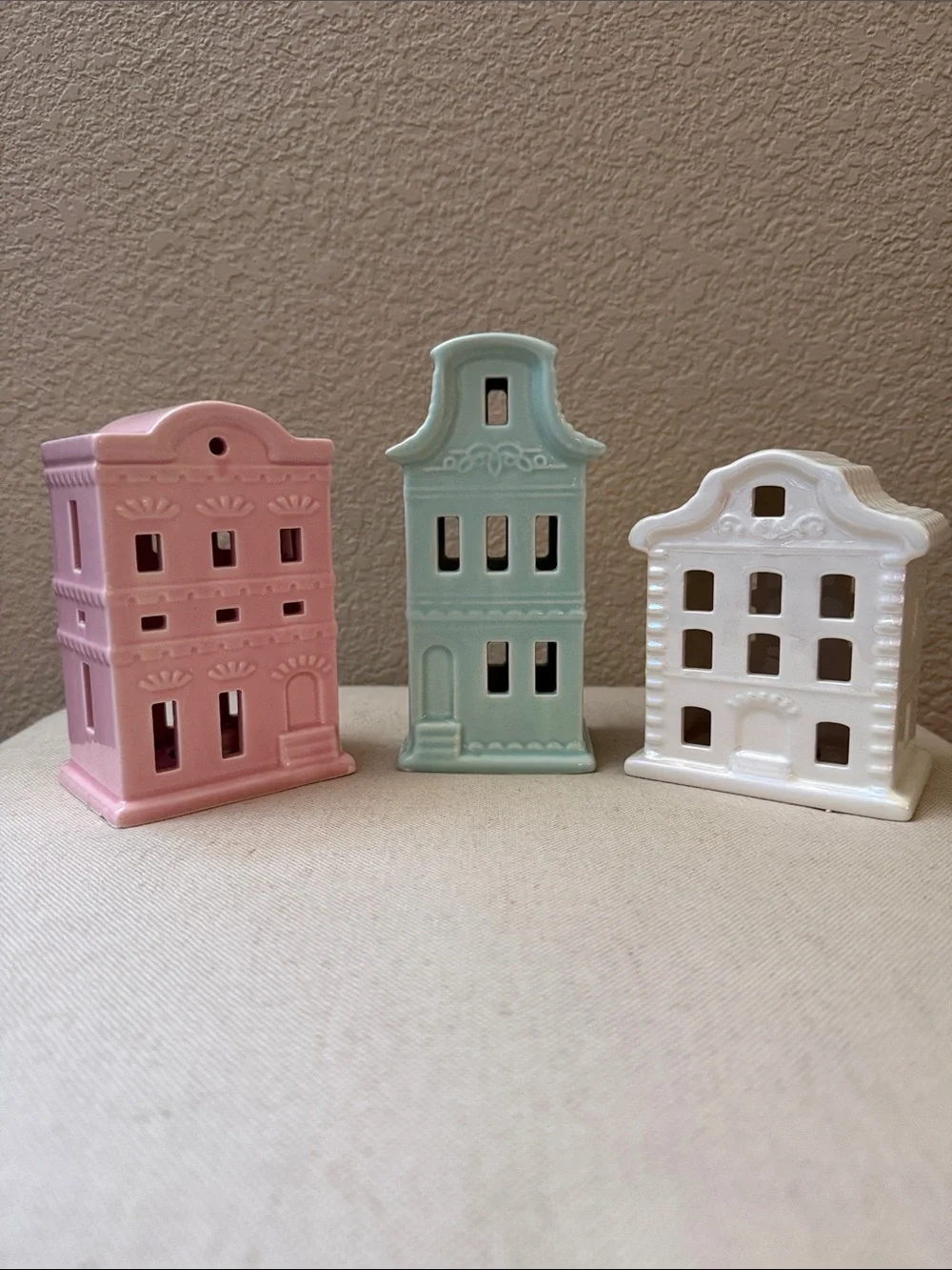 Set-of-3 Ceramic Light-up Village Pieces, 4.5”-6.25” high, bottom on/off switch
