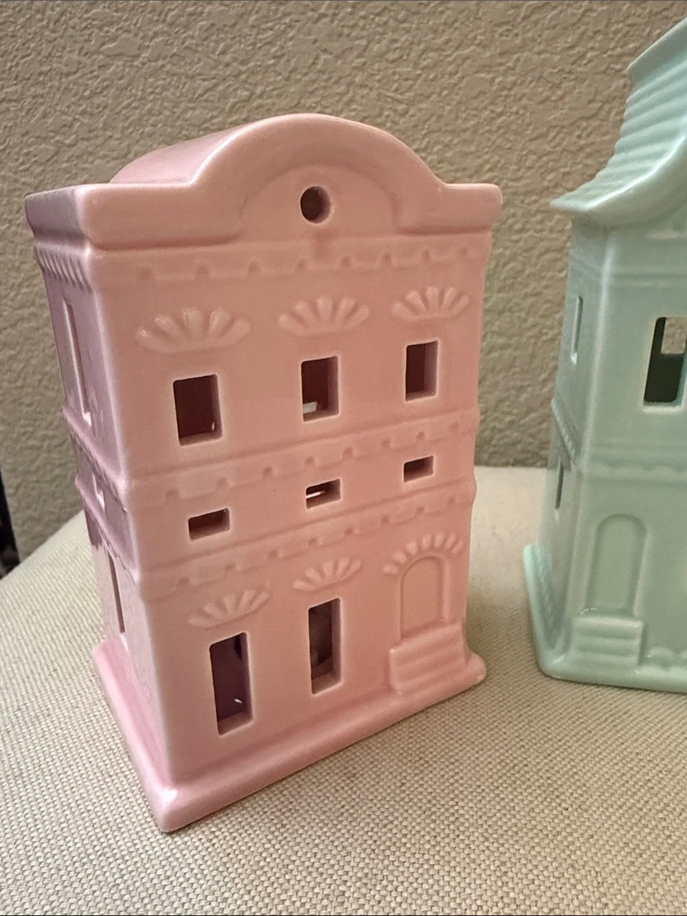Set-of-3 Ceramic Light-up Village Pieces, 4.5”-6.25” high, bottom on/off switch