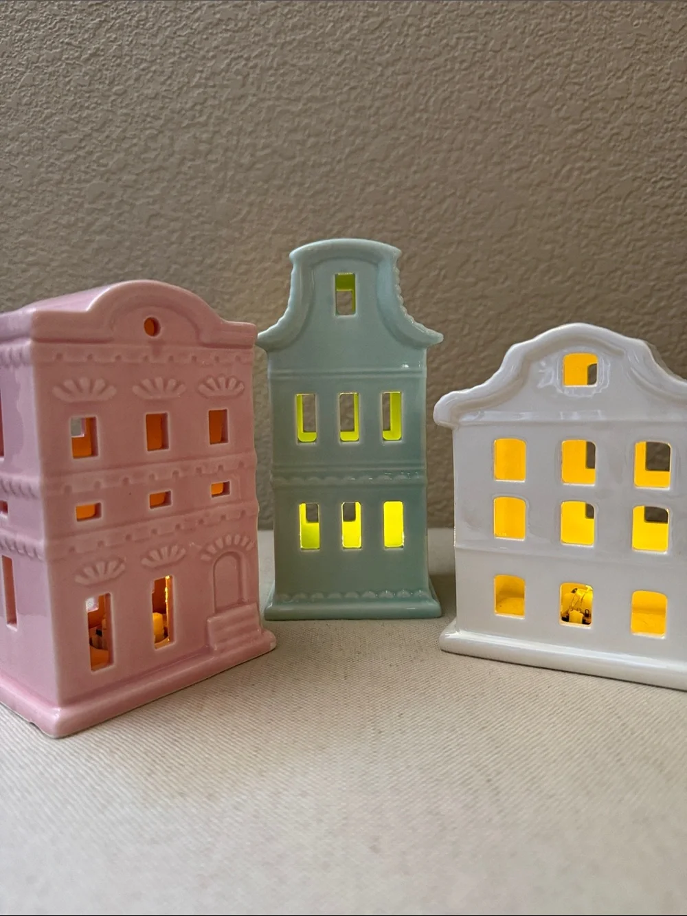 Set-of-3 Ceramic Light-up Village Pieces, 4.5”-6.25” high, bottom on/off switch