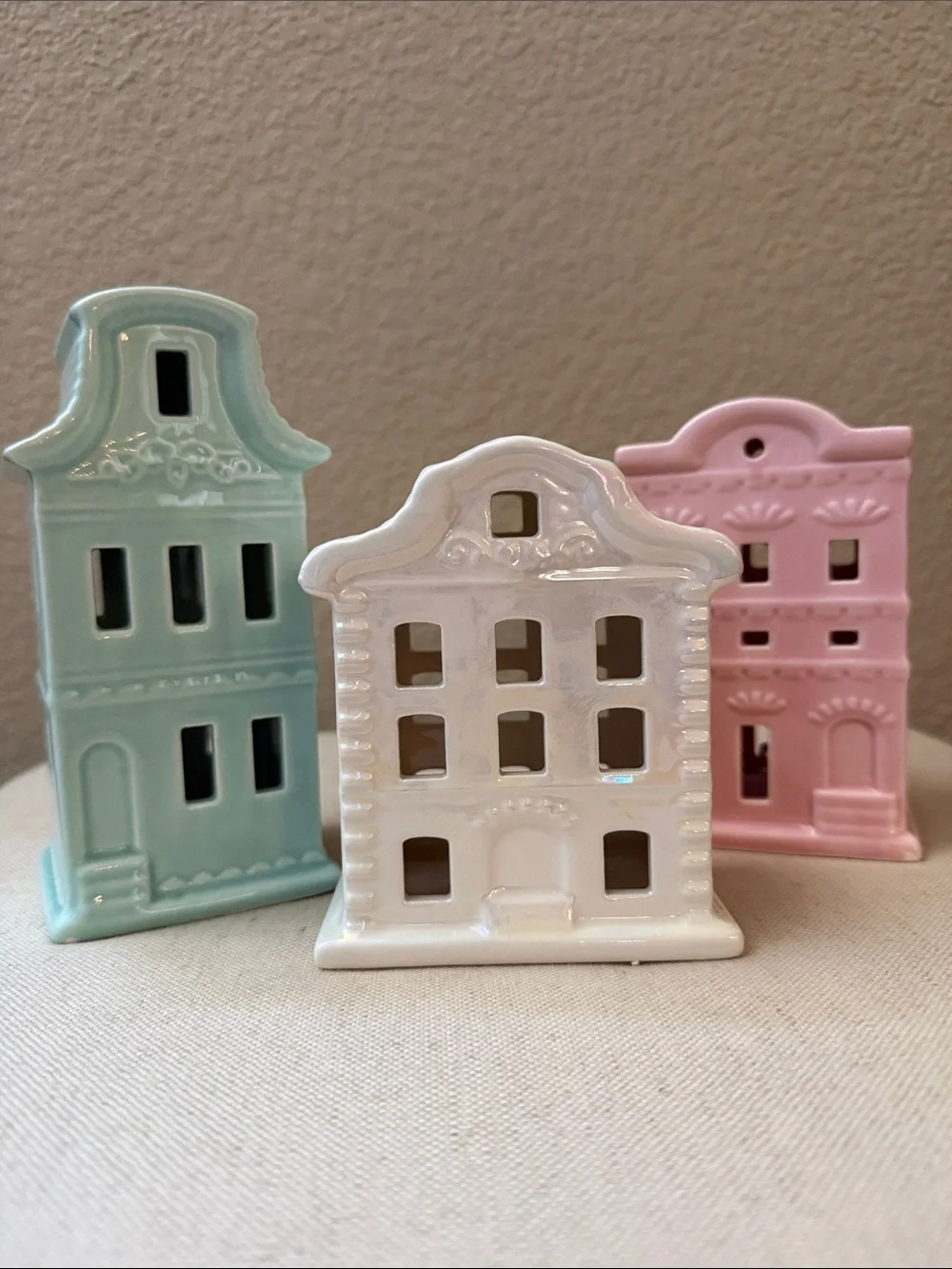 Set-of-3 Ceramic Light-up Village Pieces, 4.5”-6.25” high, bottom on/off switch