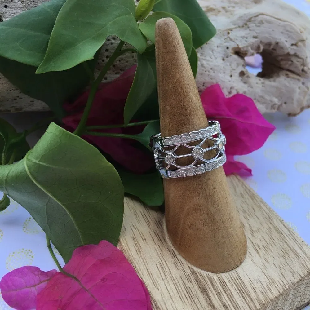Wide sterling silver CZ cage ring 8
