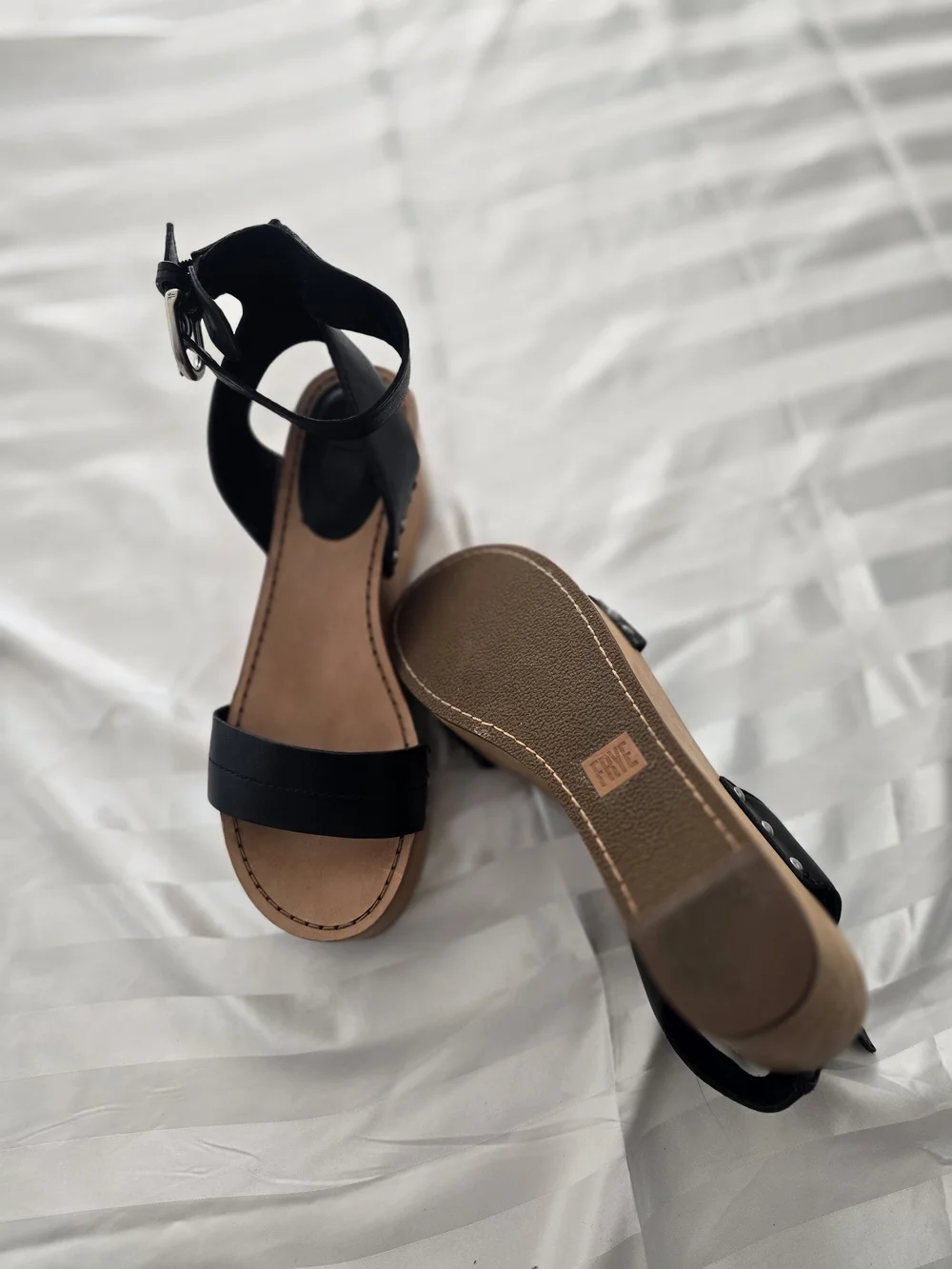 Frye Black Leather Platform Sandals with Wood-Look Sole - Size 9