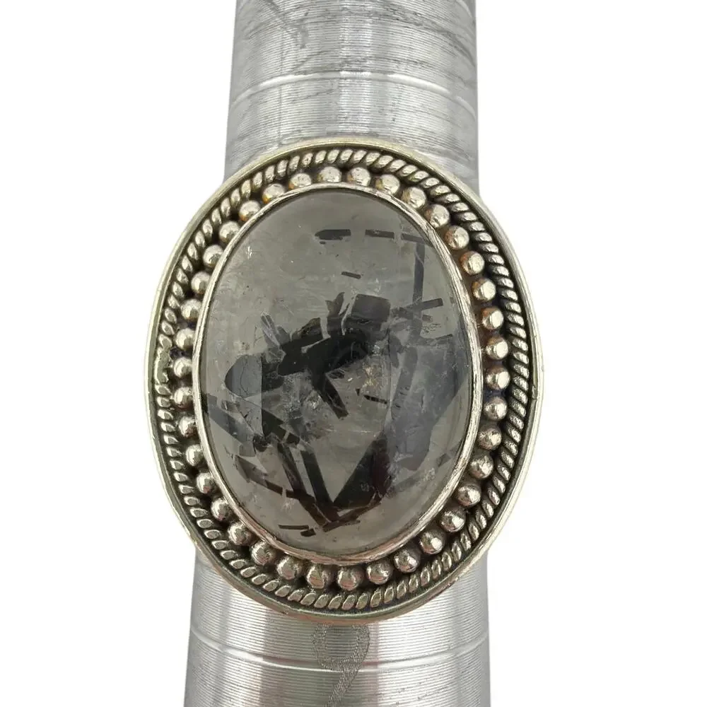 Artisan 925 Sterling Silver Black Rutilated Quartz Ring Size 8