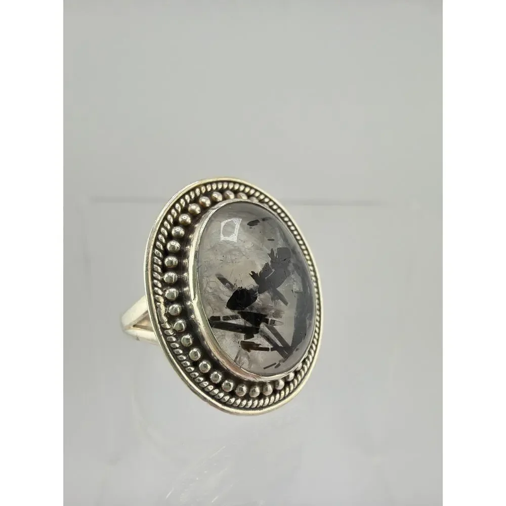 Artisan 925 Sterling Silver Black Rutilated Quartz Ring Size 8