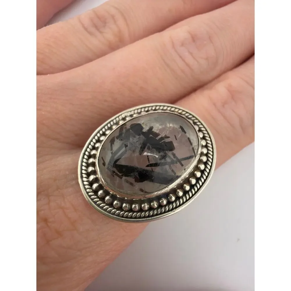 Artisan 925 Sterling Silver Black Rutilated Quartz Ring Size 8