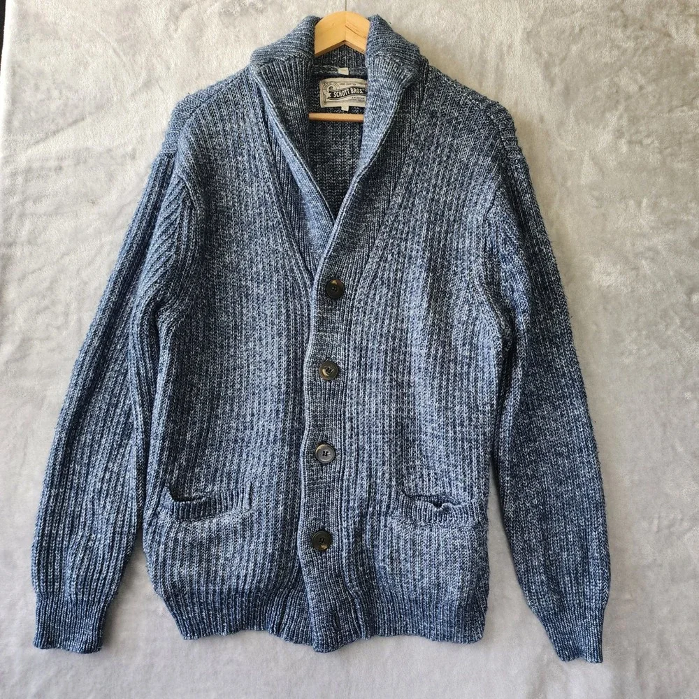 Schott Bros Cardigan Sweater Mens XL Blue Shawl Collar Handcrafted Chunky Knit