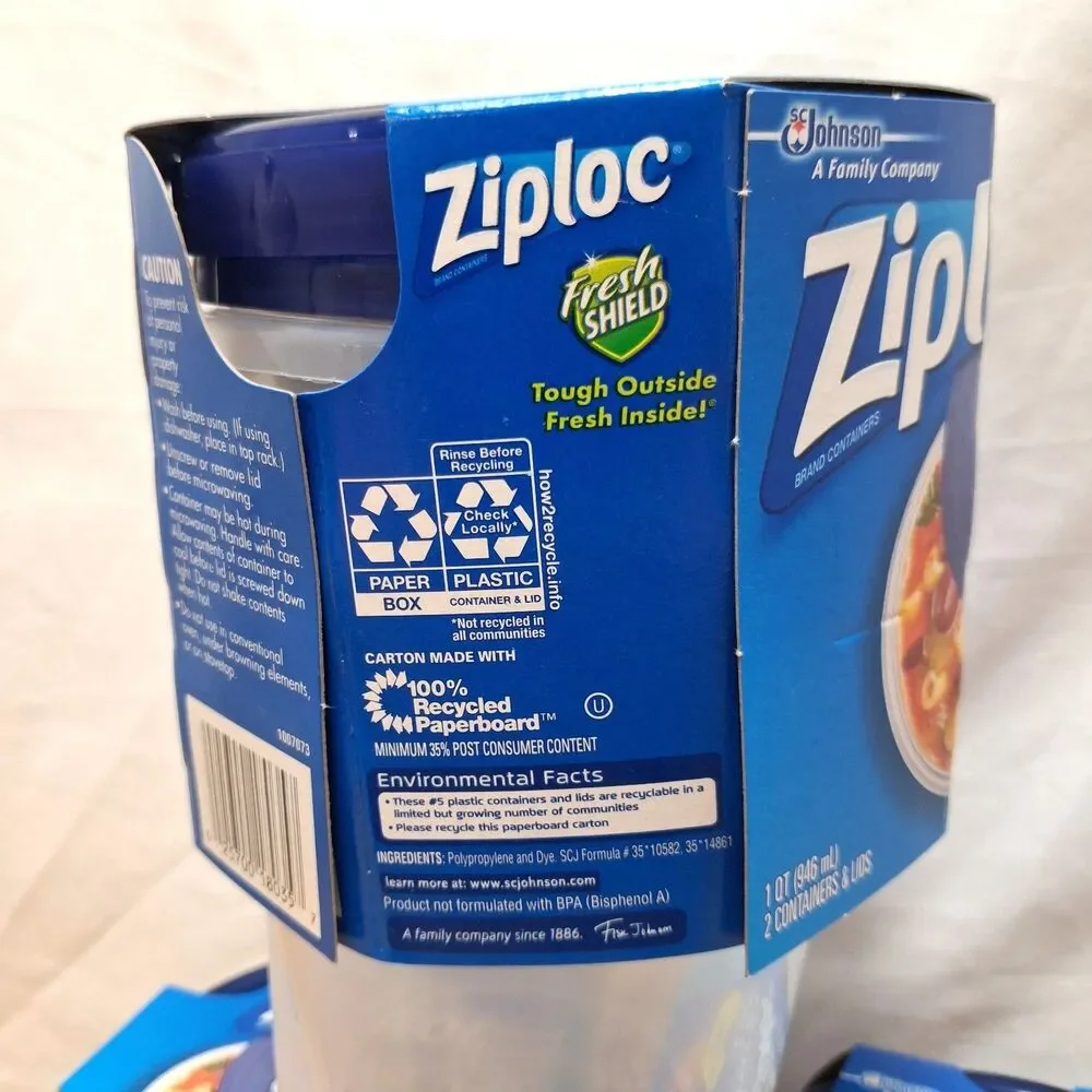 Lot of 3 NEW Ziploc Twist n Loc 2 Medium Round w/Lids 1 Quart Leak Resistant Lid