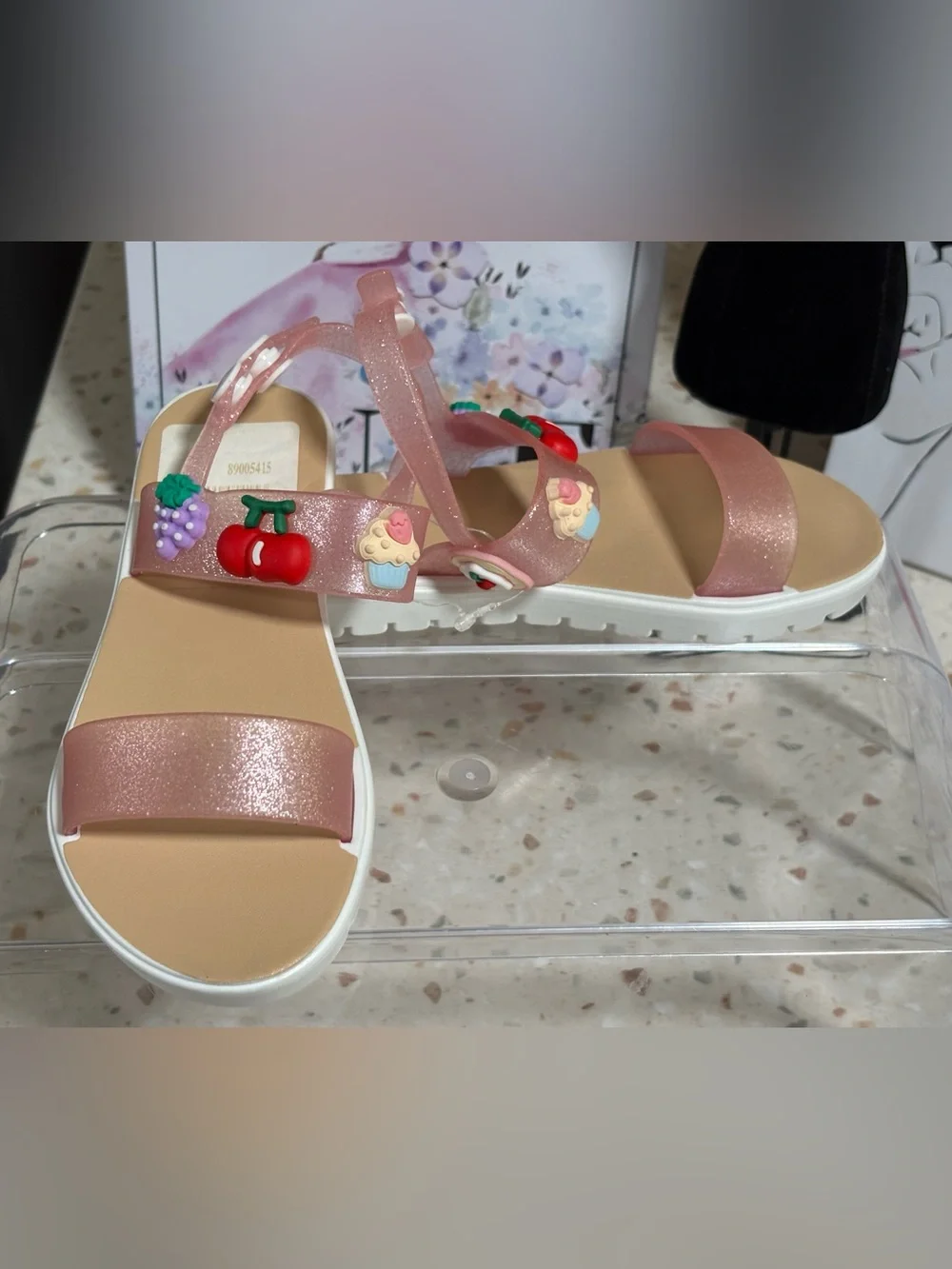 Bebe Girls Glitter Toddler Jelly Sandals with 3D Charms 🍒🍇🧁- Size S 11-12