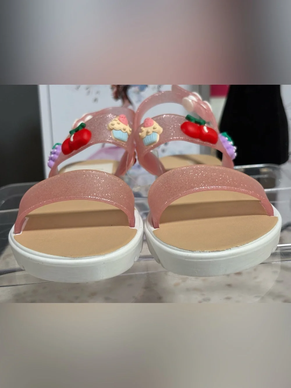 Bebe Girls Glitter Toddler Jelly Sandals with 3D Charms 🍒🍇🧁- Size S 11-12