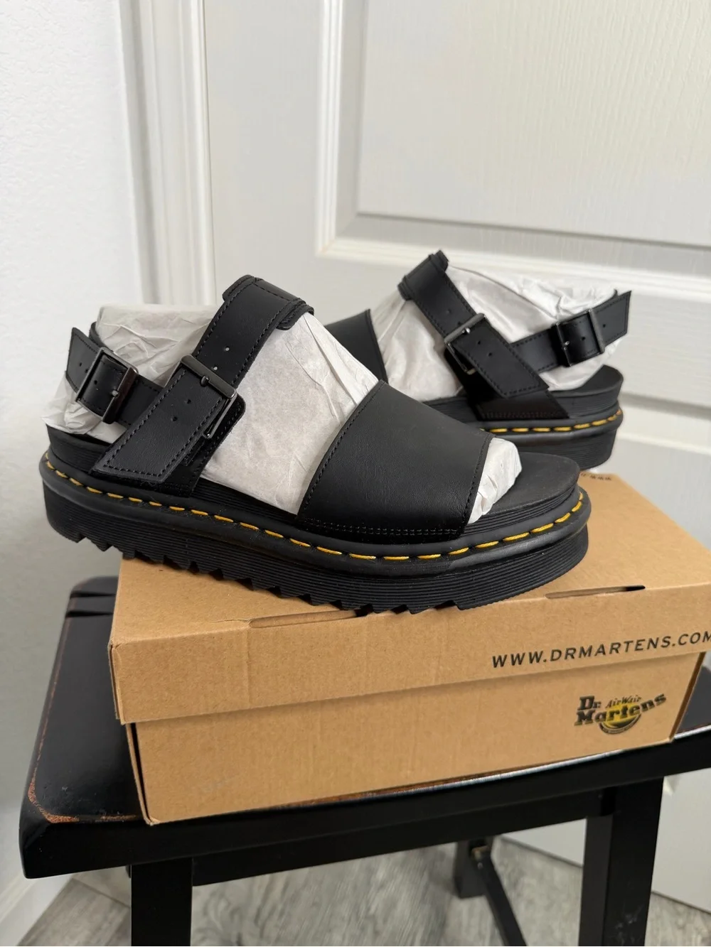 Dr. Martens Voss Black Leather Platform Sandals with Yellow Welt