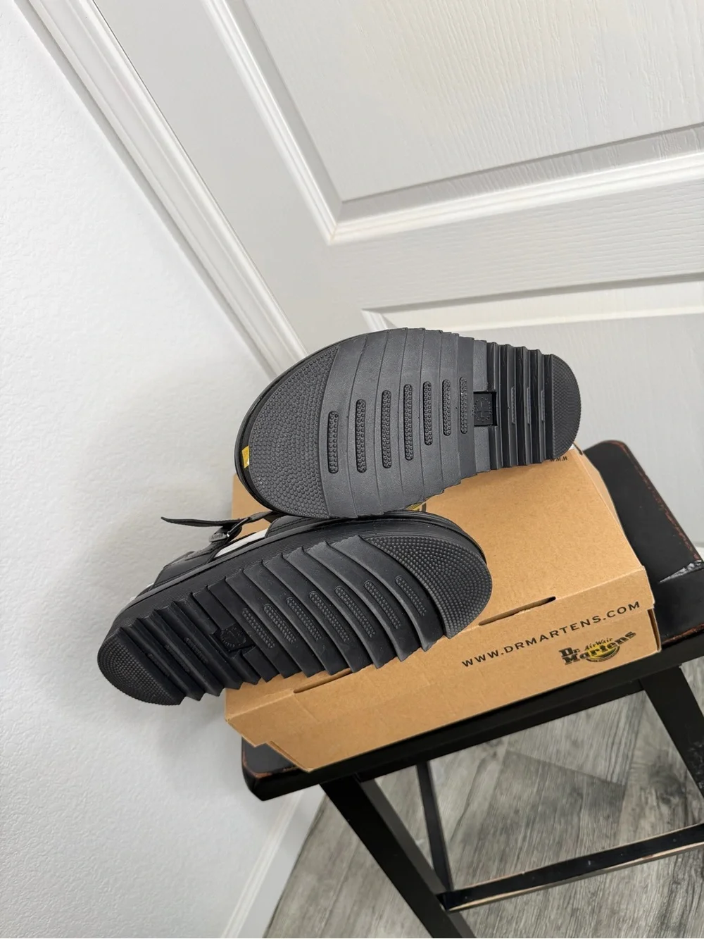 Dr. Martens Voss Black Leather Platform Sandals with Yellow Welt