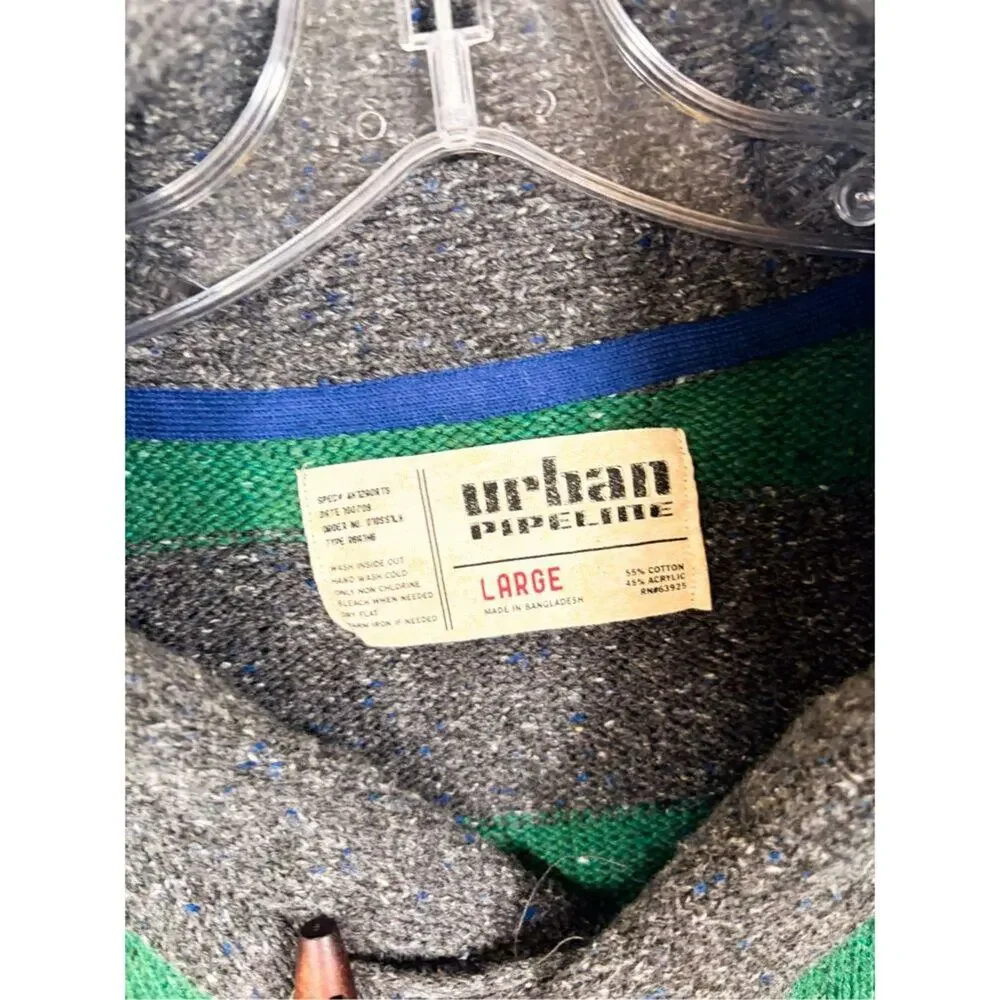 Urban Pipeline Men's Striped Knit Shawl Collar Sweater Heather Gray Green Large