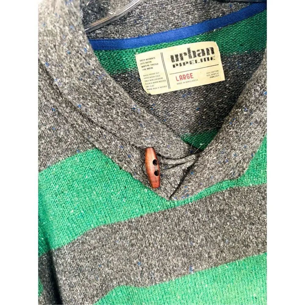 Urban Pipeline Men's Striped Knit Shawl Collar Sweater Heather Gray Green Large