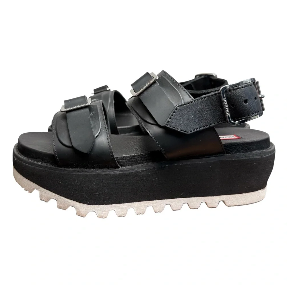 Hunter Black Leather & Rubber Adjustable Buckle Platform Chunky Sandals Size 7
