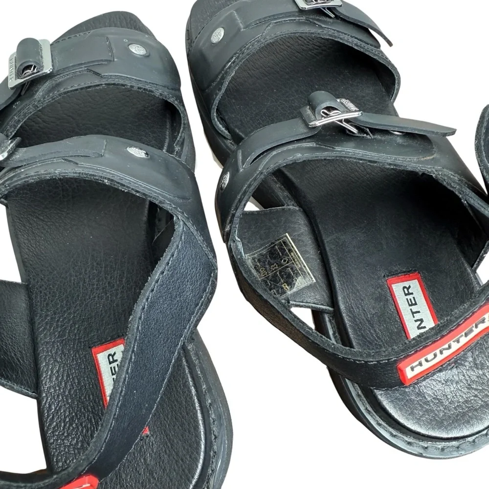 Hunter Black Leather & Rubber Adjustable Buckle Platform Chunky Sandals Size 7