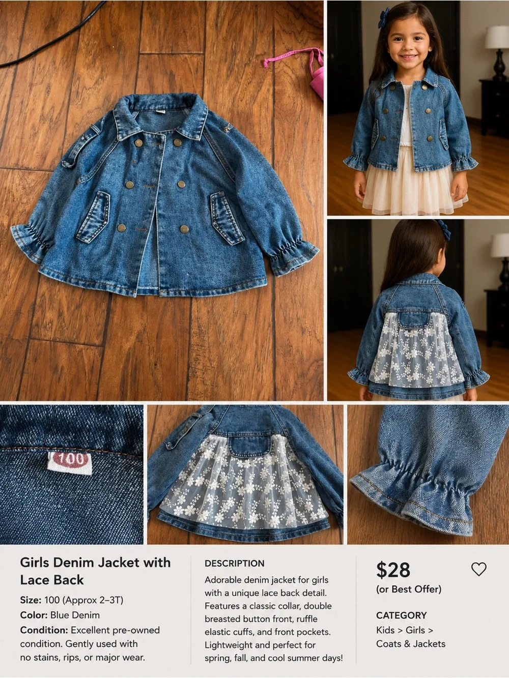 Girls Denim Trench Jacket with Floral Lace Back Size 100 3-4T