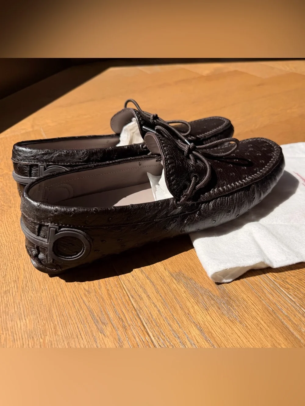 Salvatore Ferragamo Brown Ostrich Leather Moccasin Loafers with Lace Tie