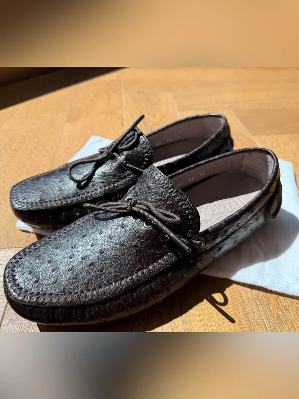 Salvatore Ferragamo Brown Ostrich Leather Moccasin Loafers with Lace Tie