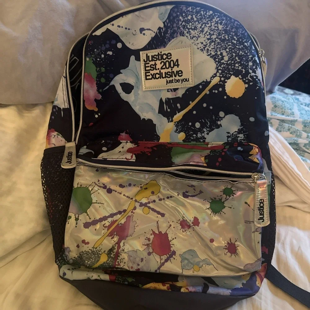 Justice 2004 Exclusive Backpack Paint Splatter  Iridescent Front Pocket 17