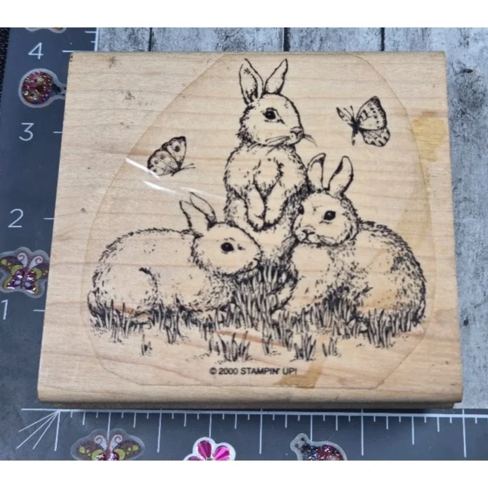Stampin' Up! Bunnies Butterflies Trio 2000 Grassy Field Rubber Stamp Wood #D12