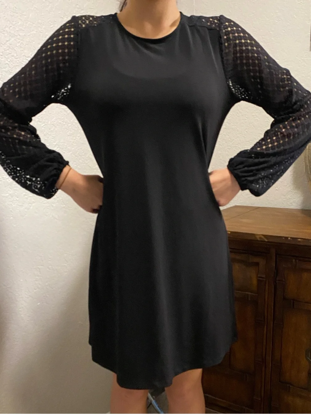 Michael Kors Black Mini Dress with Lace-Detail Sleeves, missing inside label