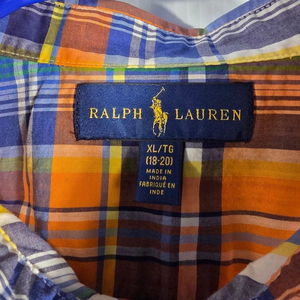 Ralph Lauren Boys XL 18-20 Orange Blue Plaid Long Sleeve Button Down Shirt Pony
