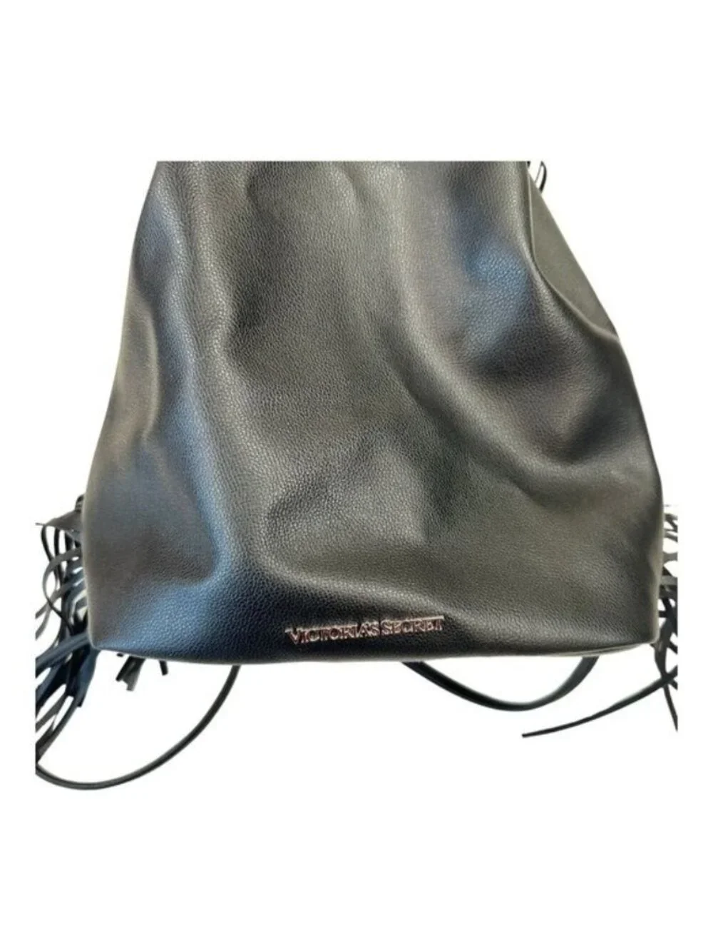 Victoria's Secret Backpack Solid Black Faux Suede Fringed Drawstring Bag Purse