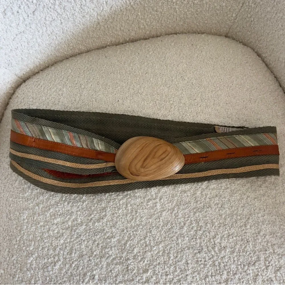 Olive Green Cotton Belt With Wooden Buckle