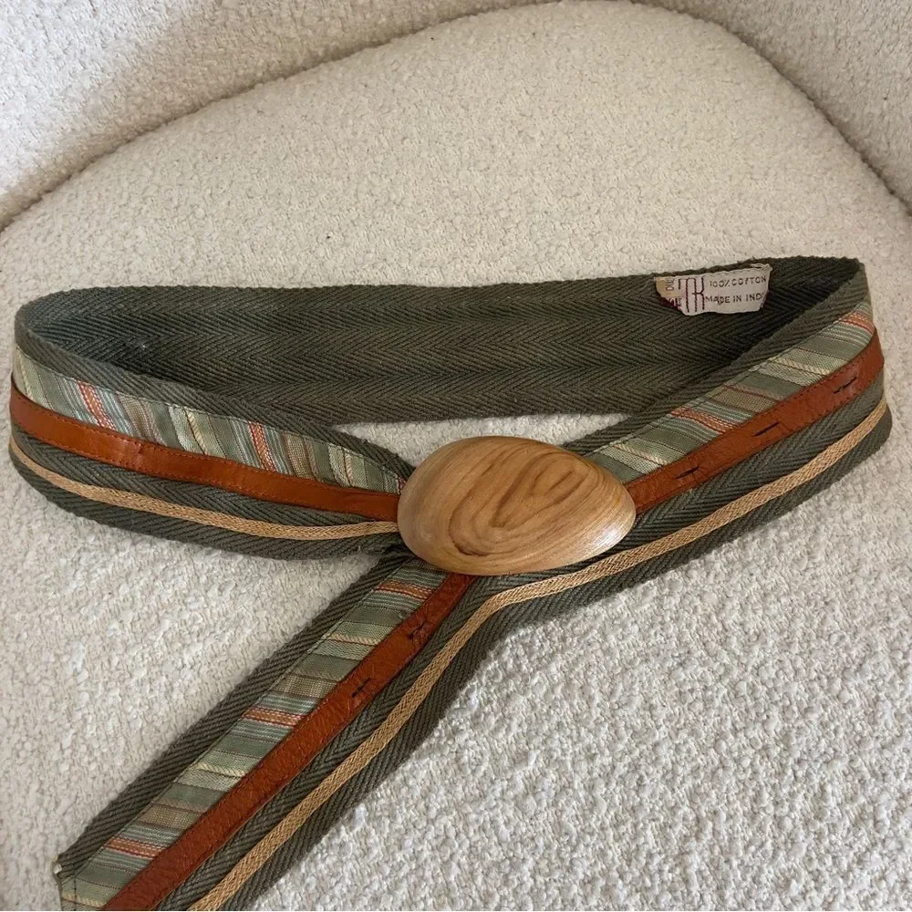 Olive Green Cotton Belt With Wooden Buckle