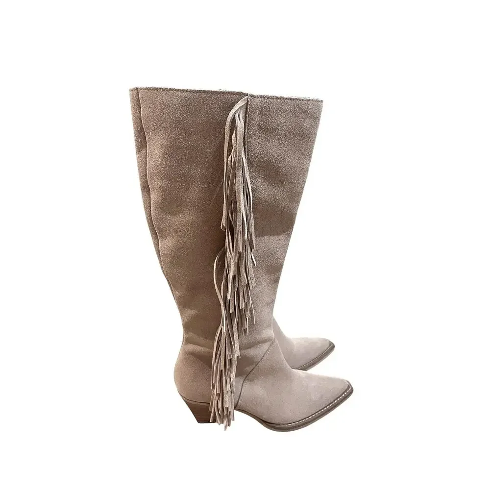 Dolce Vita Boots Womens Size 7.5 Beige Suede Fringe Knee High Pointed Toe
