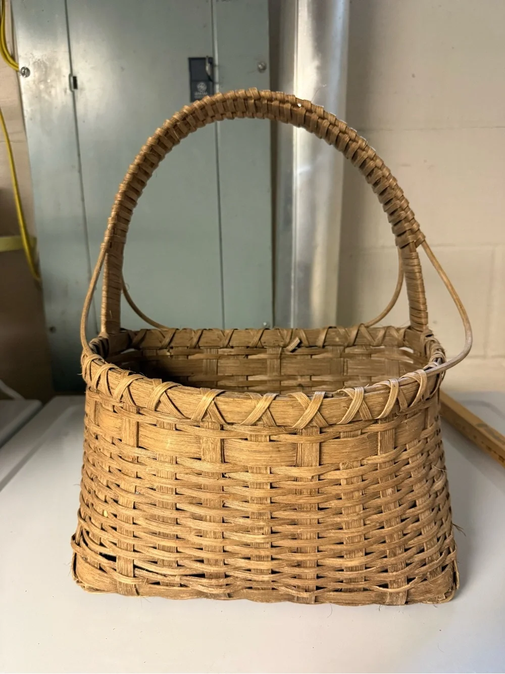 Vintage Hand Crafted Natural Tan Woven Basket with Handle Rustic