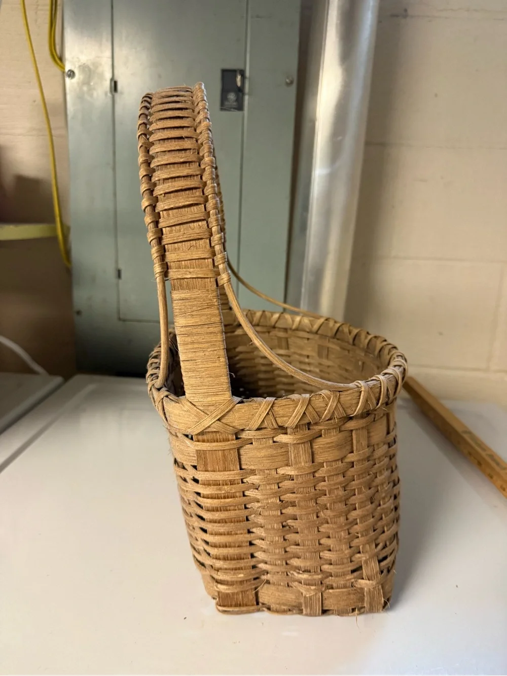 Vintage Hand Crafted Natural Tan Woven Basket with Handle Rustic