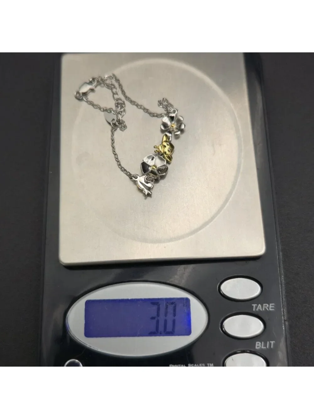 7.5 Inch Sterling Silver Two Tone Flower Bee Ladybug Chain Bracelet A8157