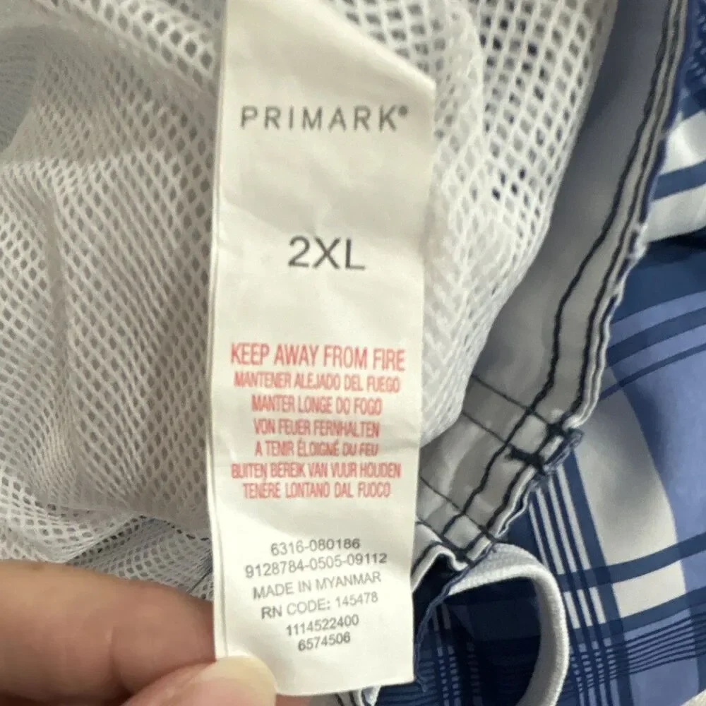 Primark Men's Plaid Swim Trunks 2XL Blue/White Drawstring Elastic Pockets 0206