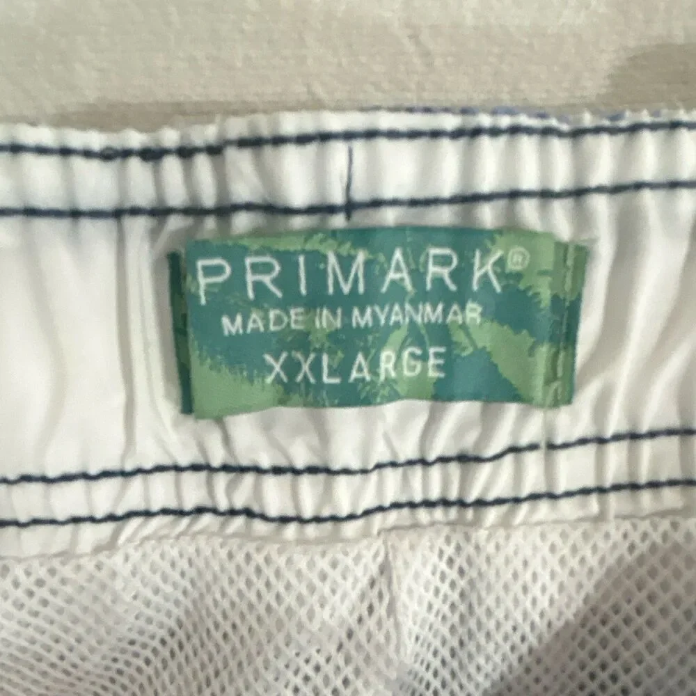 Primark Men's Plaid Swim Trunks 2XL Blue/White Drawstring Elastic Pockets 0206