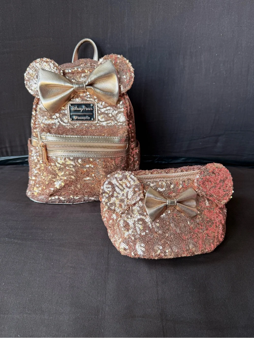 Loungefly Rose Gold Sequin Mini Backpack and Pouch Set