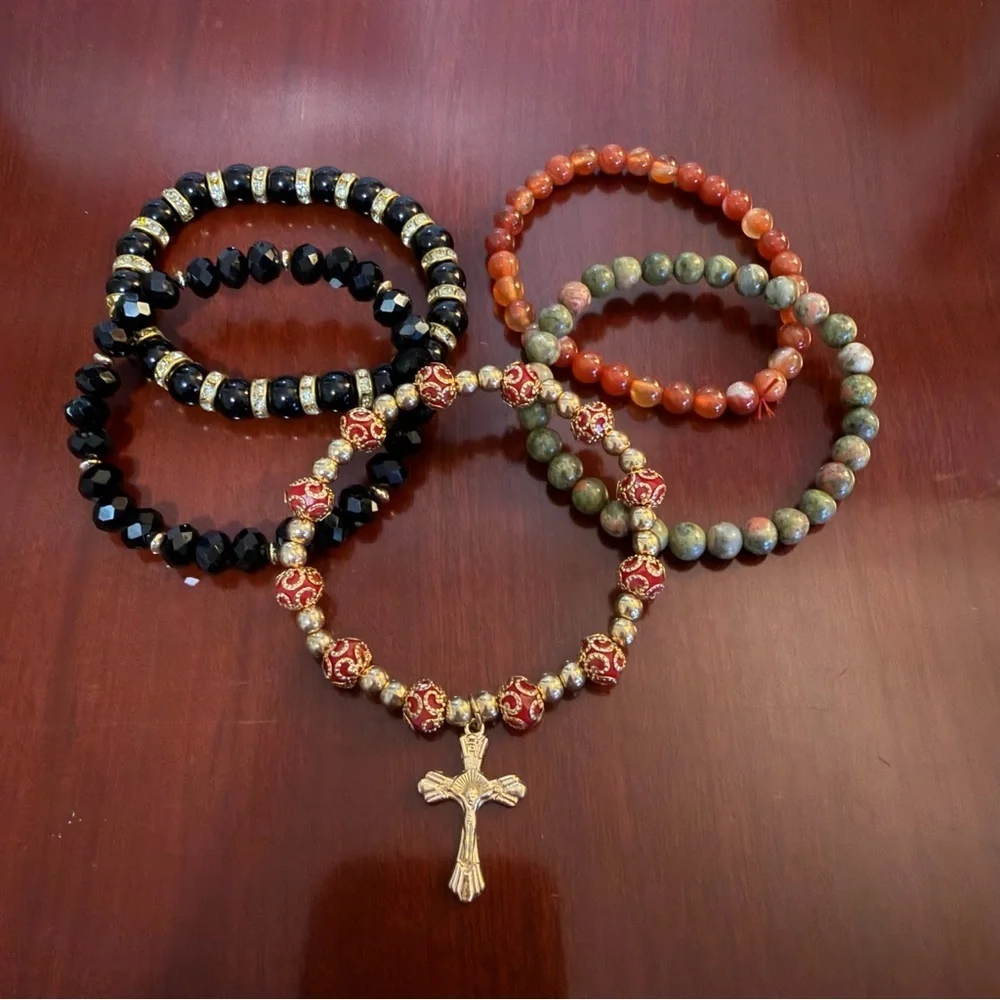 5 Multicolor Beaded Bracelets with Cross Charm, Mixed Lot Fashion Jewelry